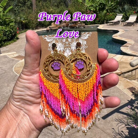 Handmade Beaded Long Fringe Paw Love Dangle Drop Lightweight Post Hoop Earrings - Picture 10 of 10